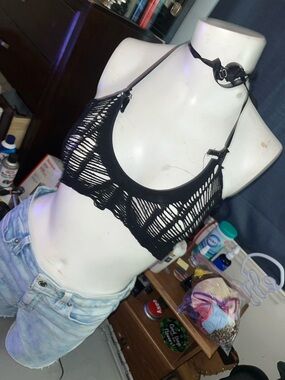 Black Distressed Crochet Bralette Halter Top - Women Intimates